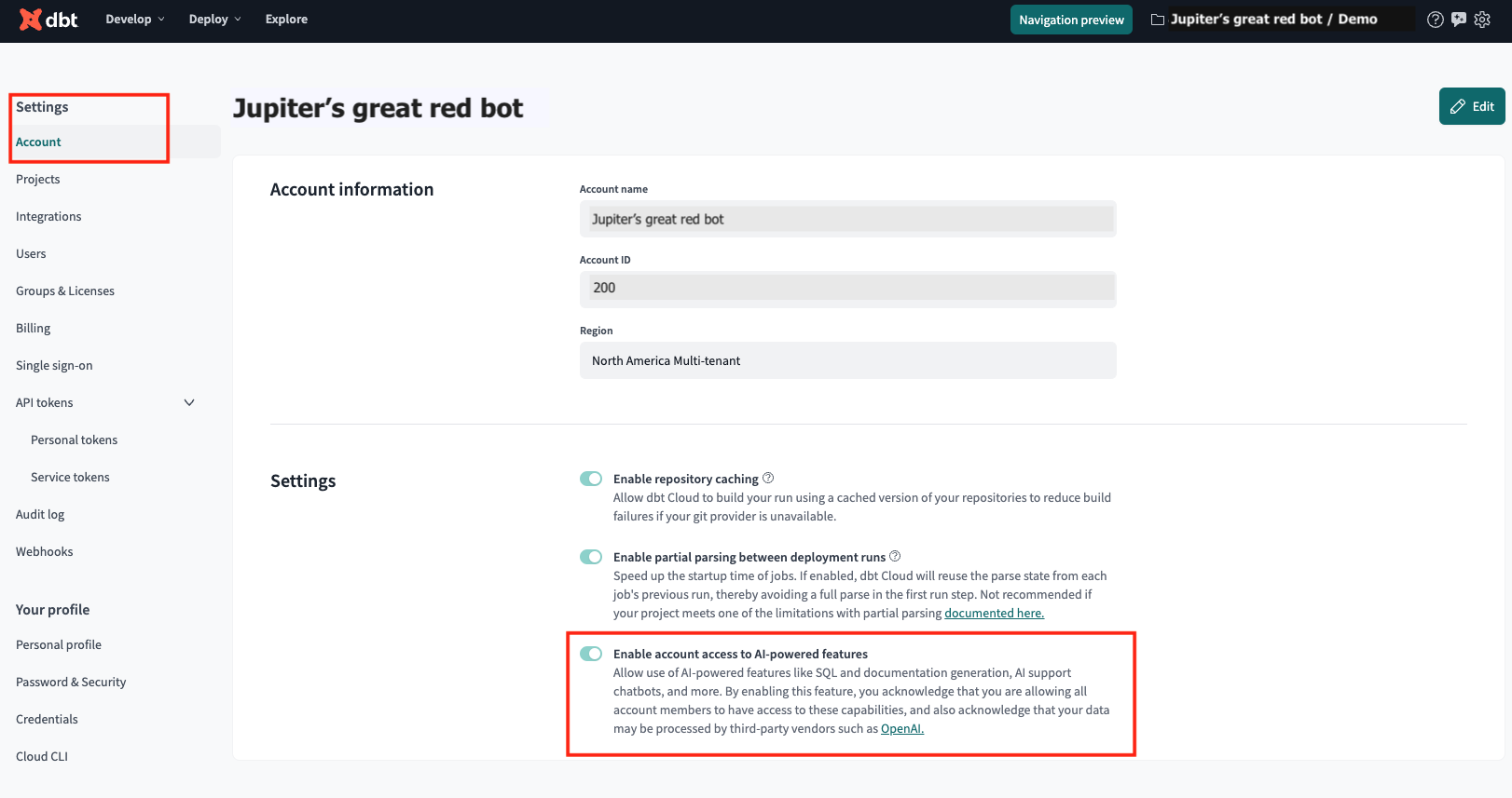 In Account Settings, click the 'Enable account access to AI-powered feature' toggle to enable dbt Assist.